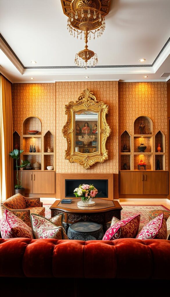 An ornate Indian-inspired living room with a blend of contemporary and traditional design elements. In the foreground, a plush velvet sofa adorned with intricate embroidered cushions, complemented by a hand-carved wooden coffee table. The middle ground features a statement piece - a shimmering gold-framed mirror with an intricate floral motif. The background showcases a feature wall with a vibrant, geometric patterned wallpaper, interspersed with small niches displaying traditional Indian artifacts and sculptures. Warm, diffused lighting creates a cozy, inviting atmosphere, while large windows allow natural light to flood the space. The overall aesthetic seamlessly merges the essence of Indian craftsmanship with modern, elegant design.