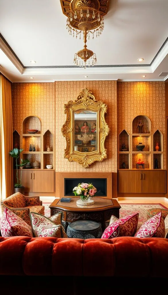 An ornate Indian-inspired living room with a blend of contemporary and traditional design elements. In the foreground, a plush velvet sofa adorned with intricate embroidered cushions, complemented by a hand-carved wooden coffee table. The middle ground features a statement piece - a shimmering gold-framed mirror with an intricate floral motif. The background showcases a feature wall with a vibrant, geometric patterned wallpaper, interspersed with small niches displaying traditional Indian artifacts and sculptures. Warm, diffused lighting creates a cozy, inviting atmosphere, while large windows allow natural light to flood the space. The overall aesthetic seamlessly merges the essence of Indian craftsmanship with modern, elegant design.