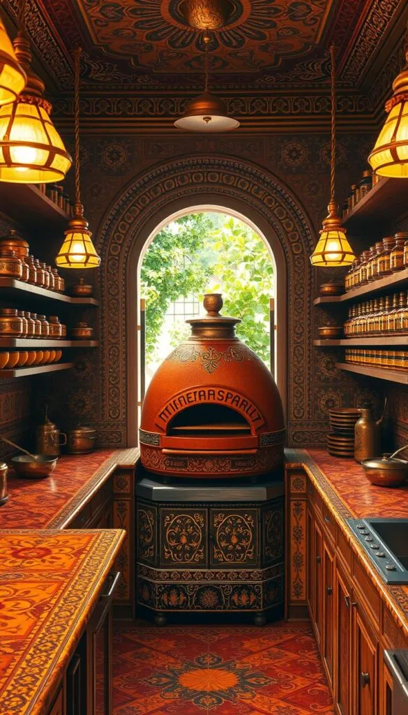 An ornately decorated Indian kitchen, bathed in warm golden light from hanging brass lamps. The countertops are covered in intricate hand-painted tiles, featuring vibrant floral and geometric patterns in shades of ochre, turmeric, and cinnamon. Rows of copper cookware and brass spice jars line the shelves, casting a burnished glow. In the center, a large traditional tandoor oven stands proudly, its terracotta exterior adorned with delicate inlaid designs. Through the arched doorway, a glimpse of a lush, herb-filled garden can be seen, adding to the rustic, spice-infused ambiance. The scene evokes the rich cultural heritage and culinary traditions of India.