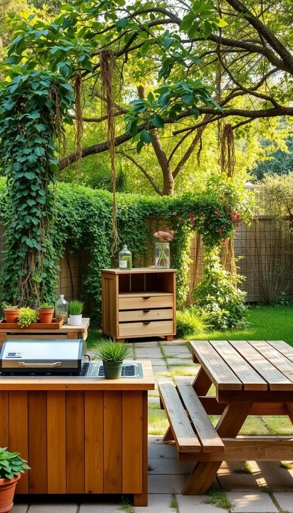 An outdoor kitchen with a rustic, DIY aesthetic, set against a lush, natural backdrop. In the foreground, a simple, wooden counter with a built-in grill and basic cooking appliances, surrounded by potted herbs and succulents. In the middle ground, a repurposed wooden crate serves as a storage unit, while a weathered picnic table provides a casual dining area. The background features a verdant, overgrown garden, with trailing vines and a canopy of trees, casting a warm, dappled light across the scene. The overall mood is one of relaxed, homespun charm, showcasing affordable, do-it-yourself solutions for creating an inviting outdoor cooking and entertaining space.