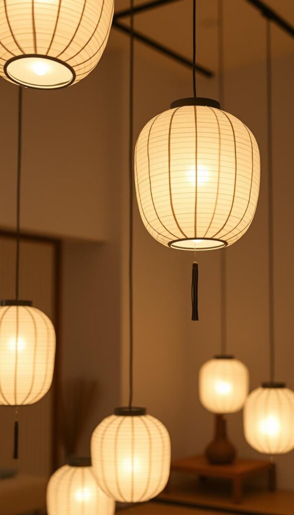 Andon paper lanterns gently illuminating a serene Japanese interior. Soft, warm lighting emanates from the delicate paper shades, casting a tranquil glow throughout the minimalist space. The lanterns are suspended from the ceiling, their graceful forms creating a sense of elegance and refinement. The background features clean-lined furniture and muted tones, allowing the lanterns to take center stage. The overall atmosphere evokes a Zen-like ambiance, perfectly capturing the essence of Japanese lighting design.