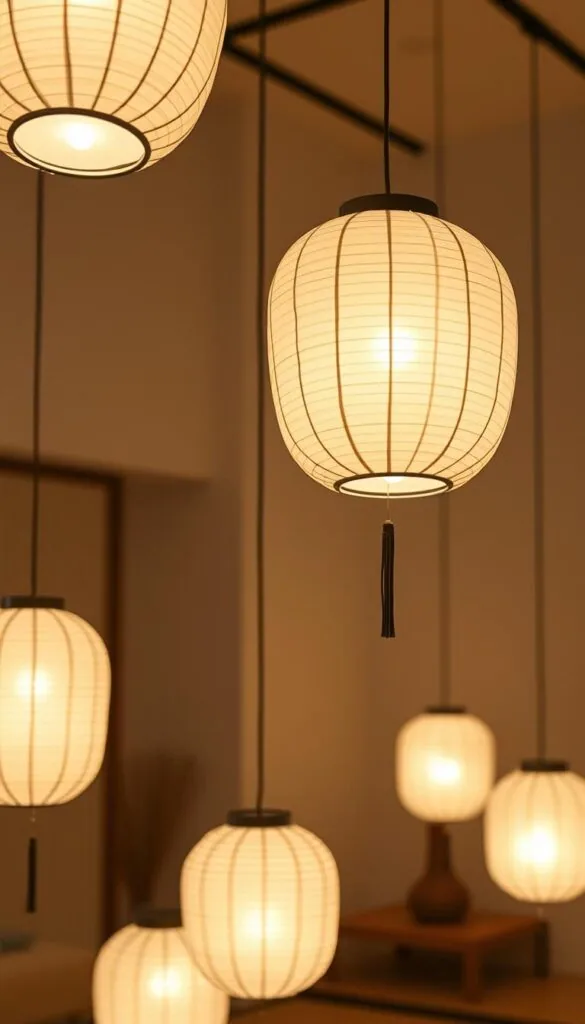 Andon paper lanterns gently illuminating a serene Japanese interior. Soft, warm lighting emanates from the delicate paper shades, casting a tranquil glow throughout the minimalist space. The lanterns are suspended from the ceiling, their graceful forms creating a sense of elegance and refinement. The background features clean-lined furniture and muted tones, allowing the lanterns to take center stage. The overall atmosphere evokes a Zen-like ambiance, perfectly capturing the essence of Japanese lighting design. Andon paper lanterns gently illuminating a serene Japanese interior. Soft, warm lighting emanates from the delicate paper shades, casting a tranquil glow throughout the minimalist space. The lanterns are suspended from the ceiling, their graceful forms creating a sense of elegance and refinement. The background features clean-lined furniture and muted tones, allowing the lanterns to take center stage. The overall atmosphere evokes a Zen-like ambiance, perfectly capturing the essence of Japanese lighting design.