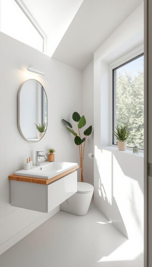 Bright and airy small bathroom interior bathed in natural light streaming through large window. Minimalist modern design with white subway tiles, floating vanity, and sleek fixtures. Thoughtful placement of mirror to maximize natural illumination. Strategically positioned task lighting above vanity to complement soft ambient glow. Subtle textural accents like natural wood shelves and plants add visual interest. Overall calming, spa-like atmosphere that feels open and inviting despite compact dimensions. Bright and airy small bathroom interior bathed in natural light streaming through large window. Minimalist modern design with white subway tiles, floating vanity, and sleek fixtures. Thoughtful placement of mirror to maximize natural illumination. Strategically positioned task lighting above vanity to complement soft ambient glow. Subtle textural accents like natural wood shelves and plants add visual interest. Overall calming, spa-like atmosphere that feels open and inviting despite compact dimensions.