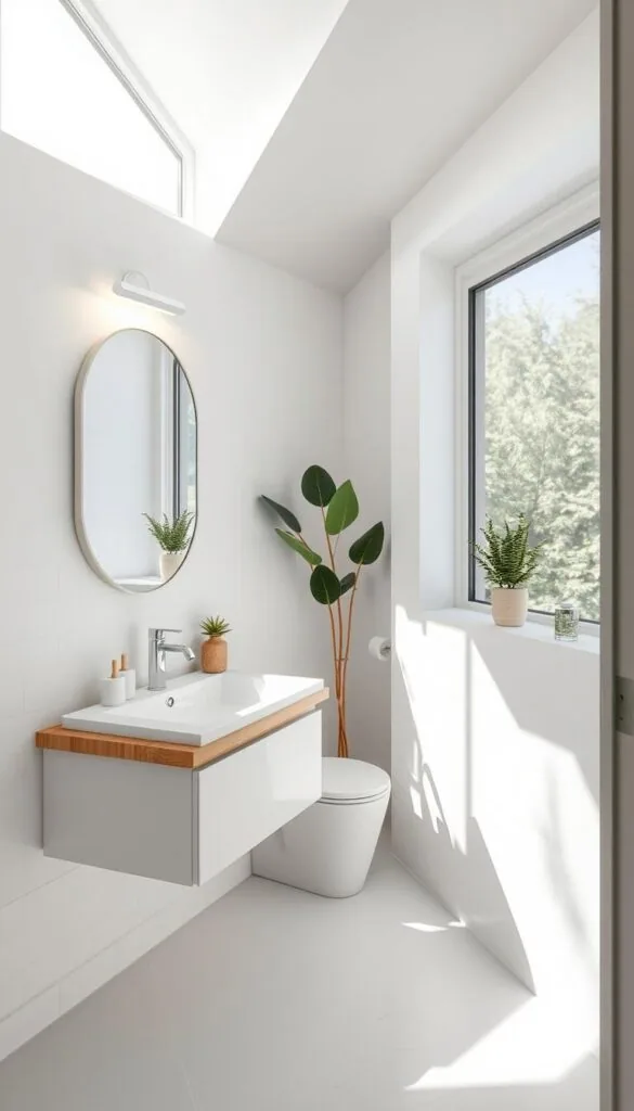 Bright and airy small bathroom interior bathed in natural light streaming through large window. Minimalist modern design with white subway tiles, floating vanity, and sleek fixtures. Thoughtful placement of mirror to maximize natural illumination. Strategically positioned task lighting above vanity to complement soft ambient glow. Subtle textural accents like natural wood shelves and plants add visual interest. Overall calming, spa-like atmosphere that feels open and inviting despite compact dimensions.
