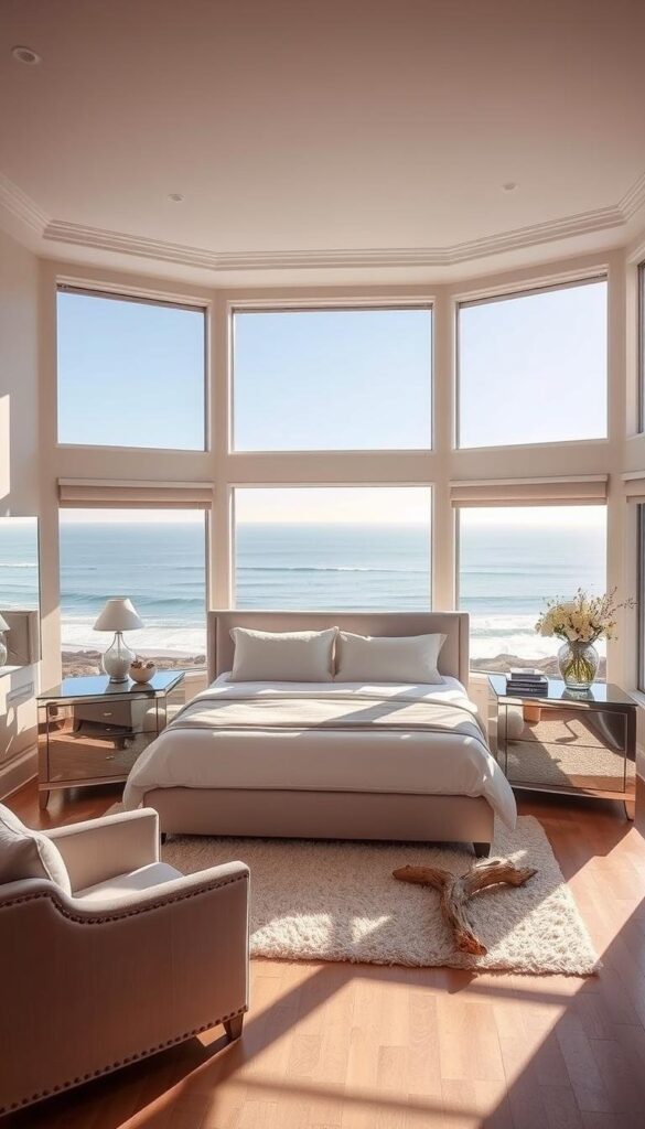 Coastal California bedroom with large panoramic windows overlooking the Pacific Ocean. Sunlight streams in, casting a warm natural glow across the serene space. A king-sized bed with crisp white linens is the centerpiece, flanked by matching mirrored nightstands that reflect the captivating ocean view. Soft textures like a plush rug and cozy armchair create a tranquil ambiance. Decorative elements like driftwood accents and a vase of fresh flowers complement the breezy, beachy aesthetic. The neutral color palette and clean lines evoke a sense of calm and relaxation, perfect for an oasis of natural light.