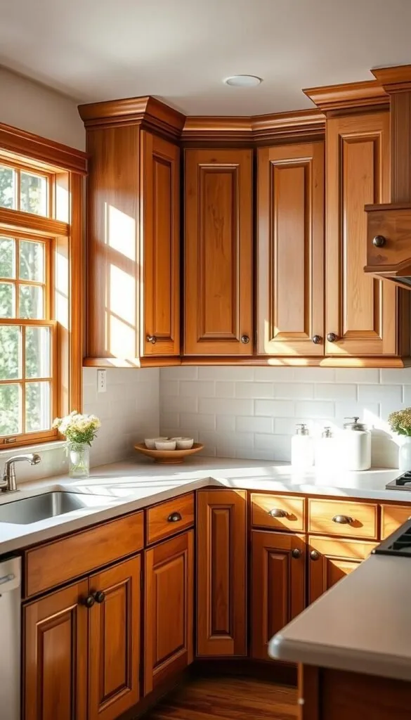 Cottage kitchen cabinets with shaker style doors, crafted from warm wood tones. The cabinets feature recessed panel doors and simple yet elegant hardware, creating a timeless, country-inspired aesthetic. Soft natural lighting filters through the windows, casting a gentle glow across the space. The countertops are a complementary neutral color, adding to the overall cohesive and inviting atmosphere. The entire scene exudes a sense of classic charm and rustic elegance, perfect for a cozy cottage-style kitchen.