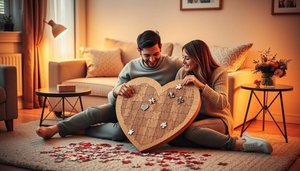 Couple Assembling Wooden Heart Puzzle Couple Assembling Wooden Heart Puzzle