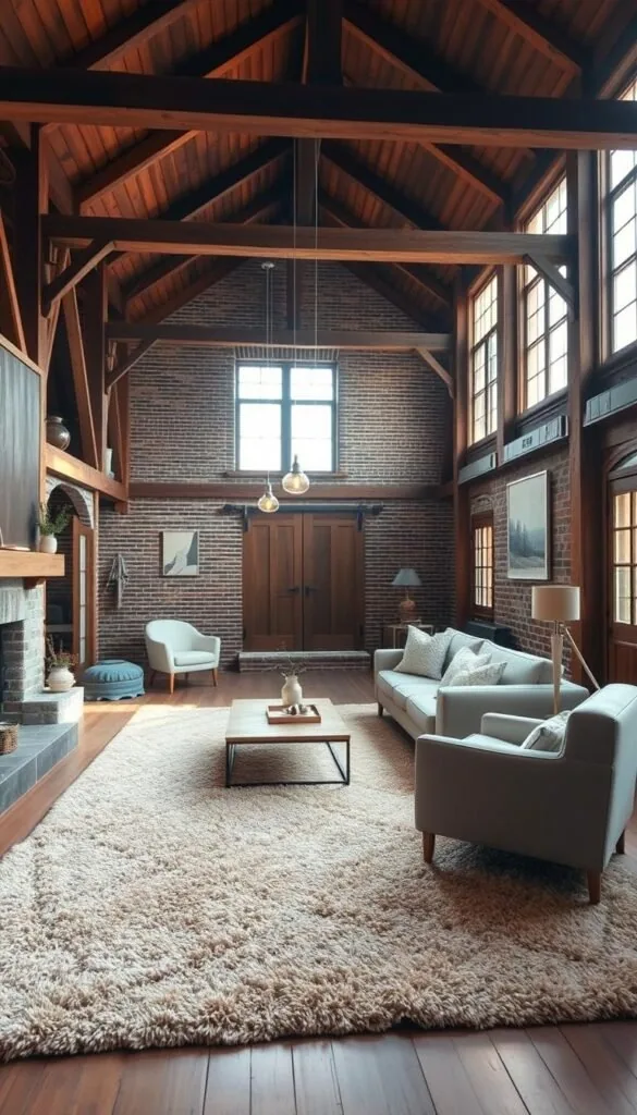 Cozy and inviting barn house interior with warm, natural lighting filtering through large windows. A plush, earthy-toned area rug anchors the intimate living space, its soft texture and organic pattern complementing the rustic wooden beams and exposed brick walls. Minimal Scandinavian-inspired furnishings, including a comfortable sofa and armchair, create a serene and harmonious atmosphere. The overall scene evokes a sense of comfort and relaxation, perfect for enjoying quiet moments in this grand yet welcoming space. Cozy and inviting barn house interior with warm, natural lighting filtering through large windows. A plush, earthy-toned area rug anchors the intimate living space, its soft texture and organic pattern complementing the rustic wooden beams and exposed brick walls. Minimal Scandinavian-inspired furnishings, including a comfortable sofa and armchair, create a serene and harmonious atmosphere. The overall scene evokes a sense of comfort and relaxation, perfect for enjoying quiet moments in this grand yet welcoming space.