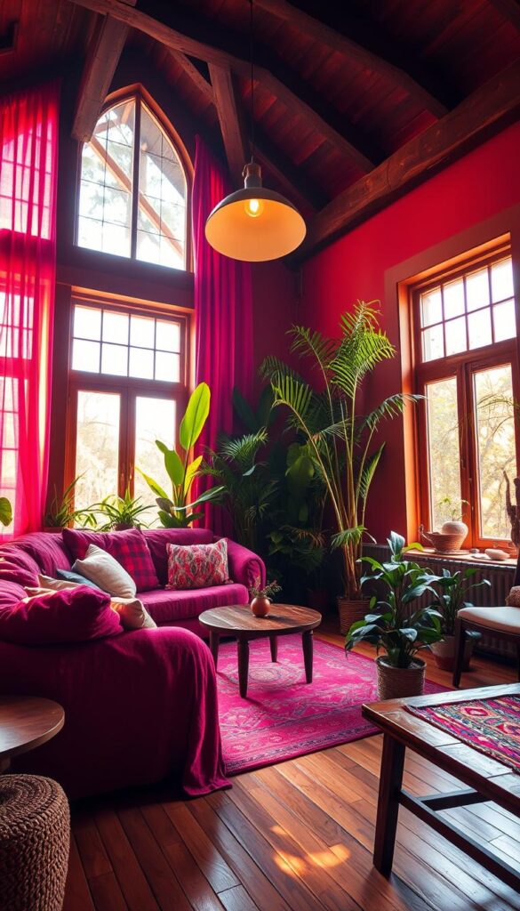 Cozy and inviting living room flooded with warm, natural light streaming through large windows. Vibrant, saturated colors from plush, patterned textiles and lush, verdant houseplants create a lively, energetic atmosphere. Soft, diffused lighting from a modern, minimalist pendant lamp casts a gentle glow. Wooden floors and furniture add rustic, earthy tones, complementing the bold colors. Wide-angle view captures the room's depth and spaciousness, with a balanced, harmonious composition. Cozy and inviting living room flooded with warm, natural light streaming through large windows. Vibrant, saturated colors from plush, patterned textiles and lush, verdant houseplants create a lively, energetic atmosphere. Soft, diffused lighting from a modern, minimalist pendant lamp casts a gentle glow. Wooden floors and furniture add rustic, earthy tones, complementing the bold colors. Wide-angle view captures the room's depth and spaciousness, with a balanced, harmonious composition.