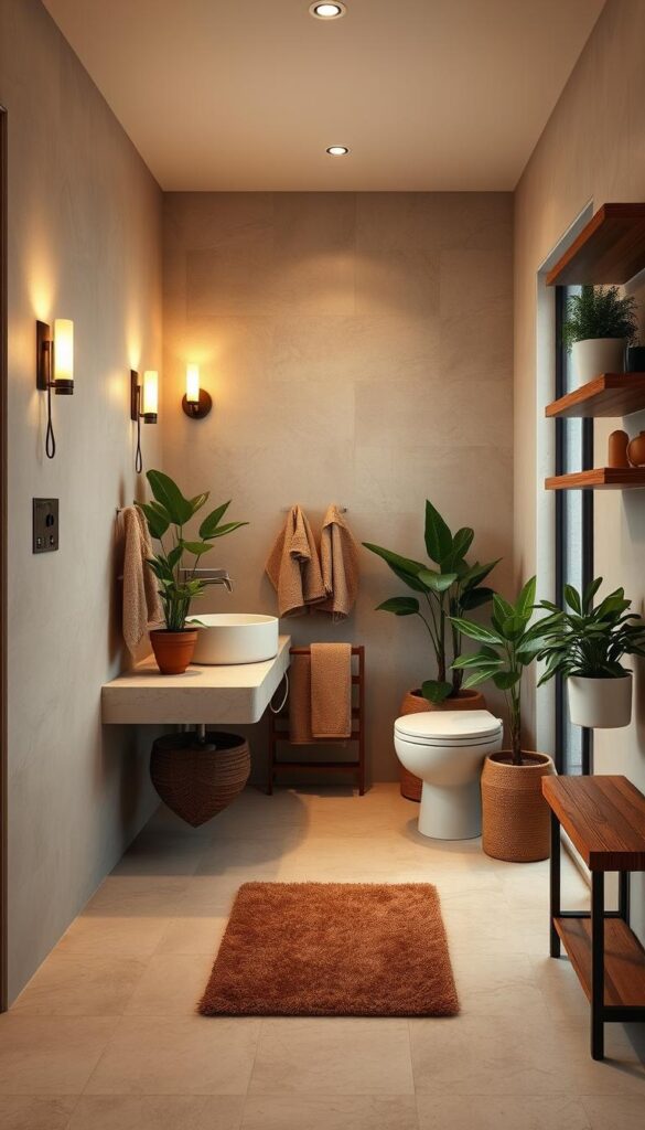 Cozy bathroom interior with warm, inviting textures. Smooth polished stone tiles in neutral tones cover the floor and walls, creating a sleek, natural aesthetic. Gently veined marble vanity top contrasts with the matte ceramic sink basin. Plush, textured hand towels in earthy hues hang neatly. Soft, indirect lighting from sconces and a large window fills the space with a golden, ambient glow. Lush potted plants add pops of verdant life. Wooden accents, such as a teak bath mat and shelving, infuse the space with organic warmth and dimension. Cozy bathroom interior with warm, inviting textures. Smooth polished stone tiles in neutral tones cover the floor and walls, creating a sleek, natural aesthetic. Gently veined marble vanity top contrasts with the matte ceramic sink basin. Plush, textured hand towels in earthy hues hang neatly. Soft, indirect lighting from sconces and a large window fills the space with a golden, ambient glow. Lush potted plants add pops of verdant life. Wooden accents, such as a teak bath mat and shelving, infuse the space with organic warmth and dimension.