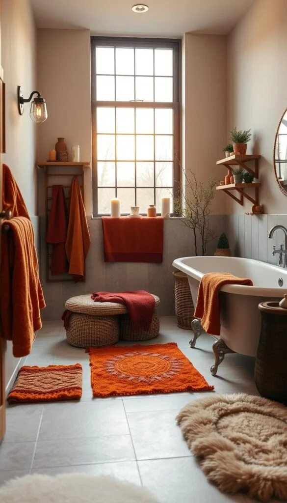 Cozy bathroom with warm, inviting color palette. Plush towels and bathmat in earthy tones of ochre, terracotta, and burgundy. Wooden shelves adorned with candles, potted plants, and decorative accessories. Soft lighting from wall sconces and a freestanding tub with a large, fluffy rug nearby. Textured tile flooring and neutral wall color create a soothing, spa-like ambiance. Gentle morning light filters through a large window, casting a golden glow over the serene, winter-themed scene.