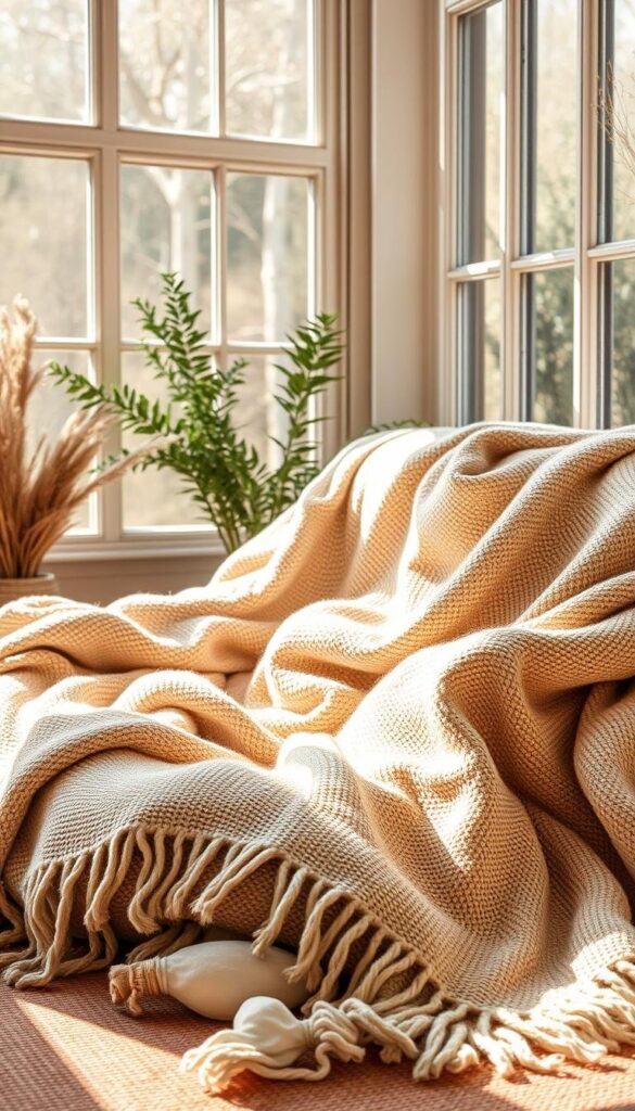 Cozy, eco-friendly throw blankets in a serene, natural setting. Soft, organic textures in earthy tones cascade across the frame, creating a soothing, inviting atmosphere. Warm, diffused lighting emanates from a large window, casting a gentle glow and highlighting the natural fibers. The blankets are artfully arranged, showcasing their sustainable materials and handcrafted details. A sense of rustic simplicity and environmental consciousness permeates the scene, inviting the viewer to curl up and relax in a harmonious, nature-inspired space.