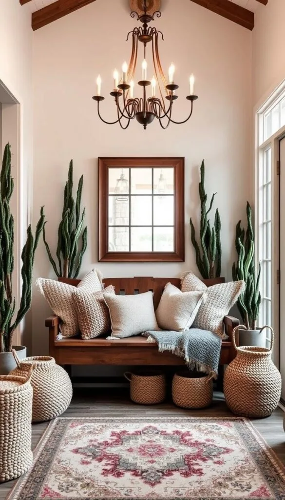 Cozy entryway with a rustic wooden bench, layered with plush textured cushions and throws in neutral tones. Overhead, a grand chandelier casts a warm glow, illuminating the space. Textured woven baskets and knit poufs add depth, while a vintage area rug grounds the scene. Framing the entrance, tall potted plants and a framed mirror create a welcoming, inviting atmosphere. Soft lighting filters in through the window, casting a serene, winter-inspired ambiance. The overall effect is a harmonious blend of cozy, natural materials that evoke a sense of comfort and relaxation.