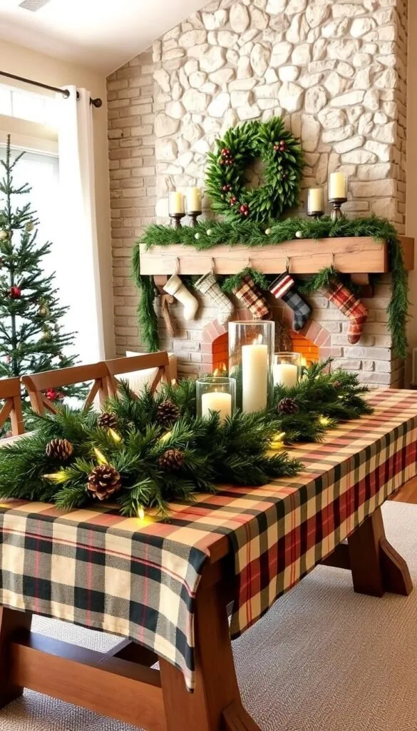 Cozy farmhouse-inspired Christmas decor in a warm, inviting setting. A rustic wooden table with a plaid tablecloth, adorned with a lush evergreen garland, pinecones, and twinkling string lights. In the background, a large stone fireplace with a mantel decorated with stockings, candles, and a vintage-style wreath. Soft, natural lighting filters through sheer white curtains, casting a gentle glow over the scene. The overall atmosphere is one of traditional holiday charm blended with modern, minimalist elegance. Cozy farmhouse-inspired Christmas decor in a warm, inviting setting. A rustic wooden table with a plaid tablecloth, adorned with a lush evergreen garland, pinecones, and twinkling string lights. In the background, a large stone fireplace with a mantel decorated with stockings, candles, and a vintage-style wreath. Soft, natural lighting filters through sheer white curtains, casting a gentle glow over the scene. The overall atmosphere is one of traditional holiday charm blended with modern, minimalist elegance.
