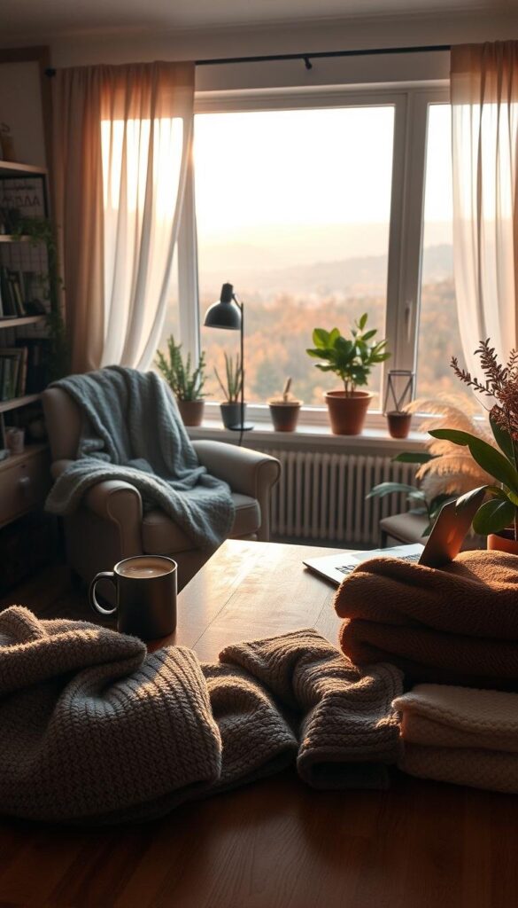 Cozy home workspace bathed in warm, soft lighting. A large, plush armchair is draped with a fluffy gray throw blanket, inviting relaxation. In the foreground, a wooden desk holds a laptop and a steaming mug, surrounded by piles of cozy fleece blankets in muted autumnal hues. The background features a large window overlooking a serene fall landscape, with sunlight filtering through sheer curtains. Potted plants and a patterned rug add organic texture to the space, creating an atmosphere of comfort and productivity. Cozy home workspace bathed in warm, soft lighting. A large, plush armchair is draped with a fluffy gray throw blanket, inviting relaxation. In the foreground, a wooden desk holds a laptop and a steaming mug, surrounded by piles of cozy fleece blankets in muted autumnal hues. The background features a large window overlooking a serene fall landscape, with sunlight filtering through sheer curtains. Potted plants and a patterned rug add organic texture to the space, creating an atmosphere of comfort and productivity.