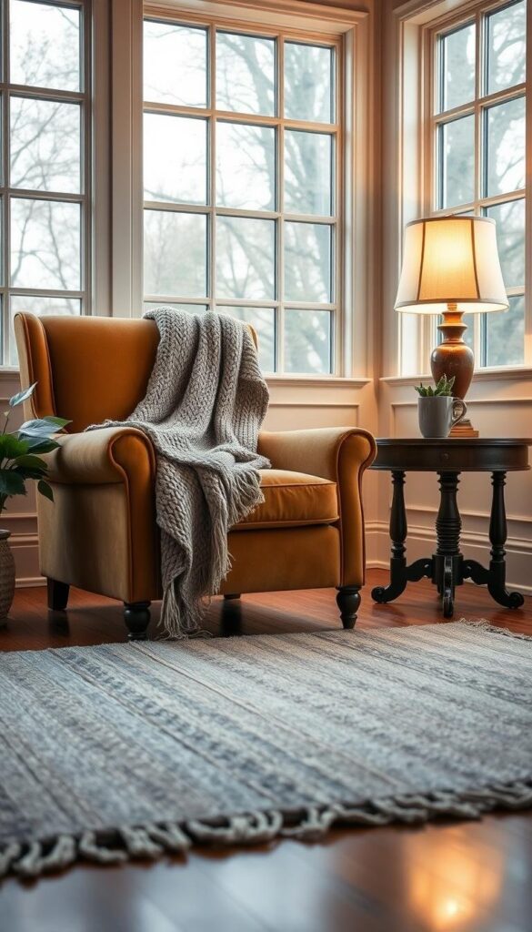 Cozy office textiles: a plush velvet armchair in a warm tan hue, with a soft knitted throw blanket in muted earth tones draped elegantly over the back. In the foreground, a handwoven area rug in a subtle pattern of grays and blues, softening the hardwood floors. Nearby, a stately wooden side table holds a potted plant and a mug of steaming tea, illuminated by the warm glow of a table lamp with a linen shade. Ambient lighting from large windows casts a tranquil, natural ambiance throughout the inviting space. Cozy office textiles: a plush velvet armchair in a warm tan hue, with a soft knitted throw blanket in muted earth tones draped elegantly over the back. In the foreground, a handwoven area rug in a subtle pattern of grays and blues, softening the hardwood floors. Nearby, a stately wooden side table holds a potted plant and a mug of steaming tea, illuminated by the warm glow of a table lamp with a linen shade. Ambient lighting from large windows casts a tranquil, natural ambiance throughout the inviting space.