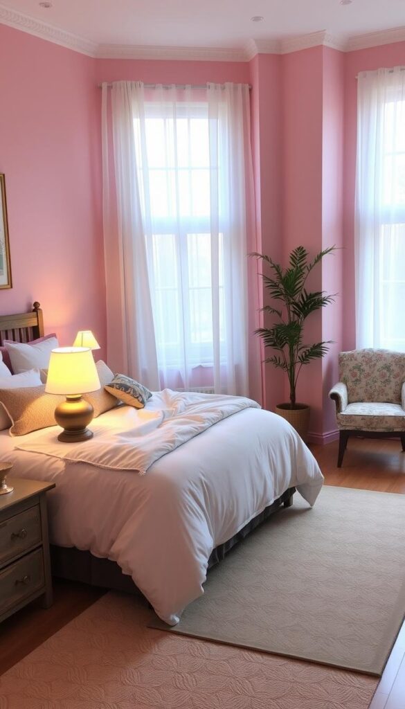 Cozy pink and blue bedroom with a plush king-size bed, fluffy duvet, and an assortment of decorative pillows. Sheer white curtains frame large windows, letting in soft, natural lighting. A rustic wooden nightstand holds a glowing table lamp, casting a warm glow. On the opposite wall, a delicate floral-patterned armchair sits next to a tall indoor plant. Subtle geometric-patterned area rug ties the room together. The overall atmosphere is serene, calming, and inviting.