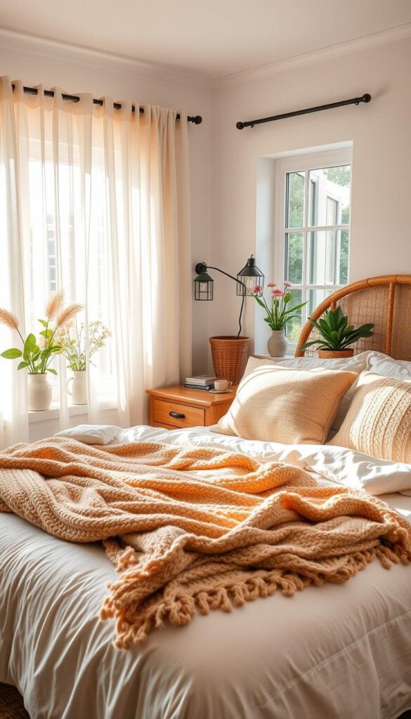 Cozy summer bedroom with soft, inviting textures. Warm sunlight spills through the sheer curtains, casting a gentle glow on the plush bedding. Layers of woven throws, knitted pillows, and nubby boucle blankets in earthy tones create a serene, relaxing ambiance. Wooden nightstands and a rattan headboard add natural, organic elements. Potted plants and a vase of fresh flowers on the windowsill bring the outdoors in. The overall mood is one of comfort, coziness, and a touch of bohemian elegance. Cozy summer bedroom with soft, inviting textures. Warm sunlight spills through the sheer curtains, casting a gentle glow on the plush bedding. Layers of woven throws, knitted pillows, and nubby boucle blankets in earthy tones create a serene, relaxing ambiance. Wooden nightstands and a rattan headboard add natural, organic elements. Potted plants and a vase of fresh flowers on the windowsill bring the outdoors in. The overall mood is one of comfort, coziness, and a touch of bohemian elegance.