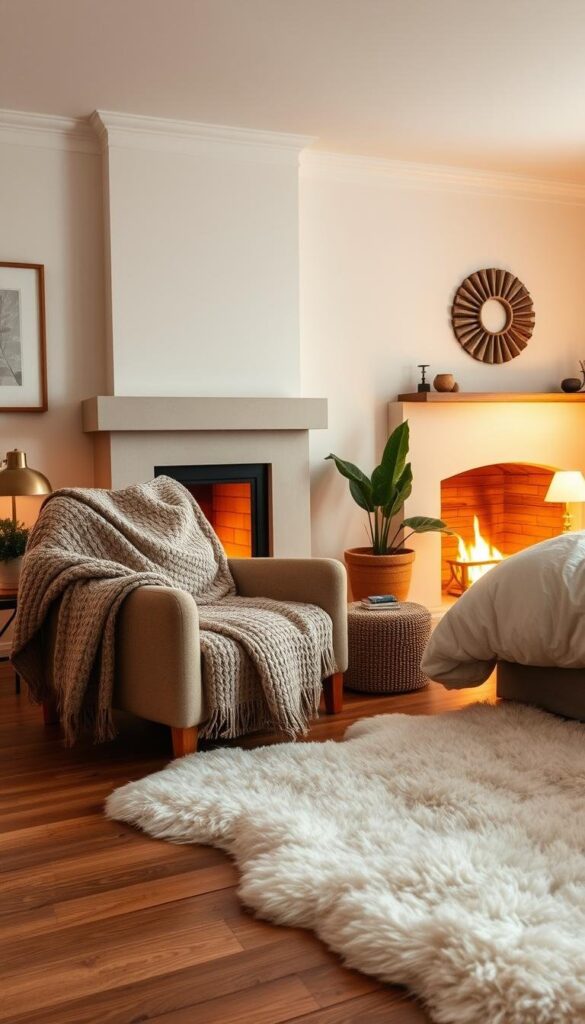 Cozy winter bedroom with soft, plush textiles in a muted color palette. Warm knit blanket draped over a comfy, oversized chair. Plush sheepskin rug on a hardwood floor. Fireplace crackling in the background, casting a soft, ambient glow. Brass lamps on side tables emit a gentle, cozy light. Lush, leafy potted plants add natural touches. Framed artwork on the walls, and a fluffy, down-filled duvet on the bed. Atmospheric, cinematic lighting captures the tranquil, hygge-inspired atmosphere. Cozy winter bedroom with soft, plush textiles in a muted color palette. Warm knit blanket draped over a comfy, oversized chair. Plush sheepskin rug on a hardwood floor. Fireplace crackling in the background, casting a soft, ambient glow. Brass lamps on side tables emit a gentle, cozy light. Lush, leafy potted plants add natural touches. Framed artwork on the walls, and a fluffy, down-filled duvet on the bed. Atmospheric, cinematic lighting captures the tranquil, hygge-inspired atmosphere.