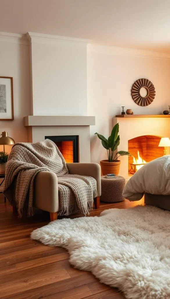Cozy winter bedroom with soft, plush textiles in a muted color palette. Warm knit blanket draped over a comfy, oversized chair. Plush sheepskin rug on a hardwood floor. Fireplace crackling in the background, casting a soft, ambient glow. Brass lamps on side tables emit a gentle, cozy light. Lush, leafy potted plants add natural touches. Framed artwork on the walls, and a fluffy, down-filled duvet on the bed. Atmospheric, cinematic lighting captures the tranquil, hygge-inspired atmosphere.