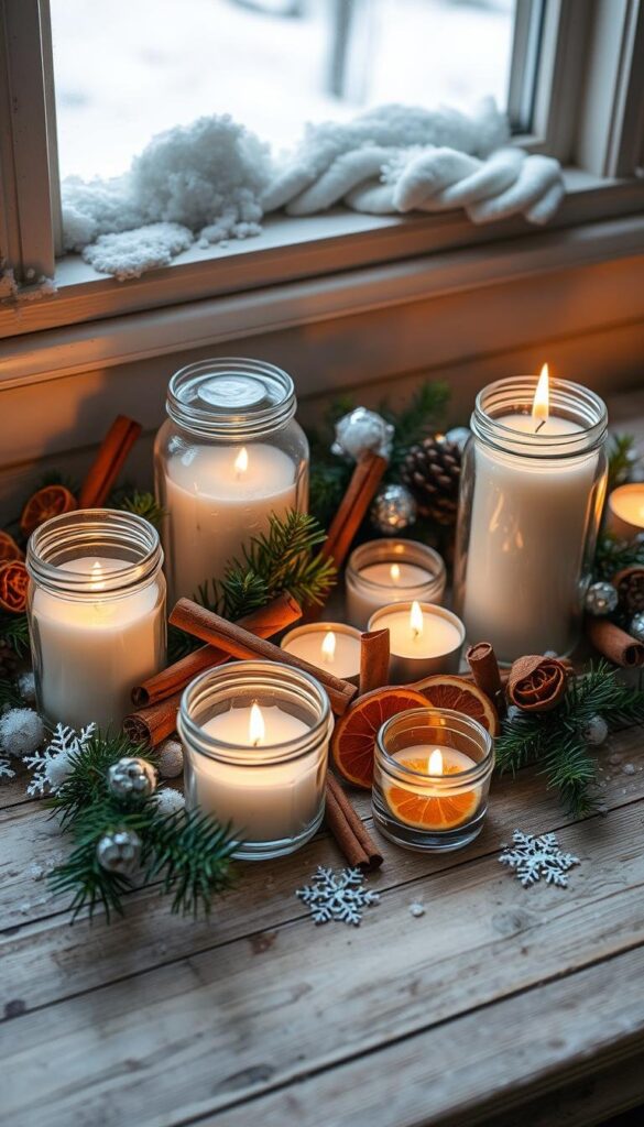 Cozy winter candle arrangements nestled among pine boughs, cinnamon sticks, and dried orange slices. A warm, flickering glow illuminates the scene, casting a soft, inviting ambiance. Vintage glass jars and tealight holders adorn a rustic wooden surface, complemented by delicate snowflake accents. The arrangement is framed by a snowy windowsill, hinting at the tranquil winter landscape beyond. Subtle hints of evergreen and a touch of metallic shine add depth and sparkle to the composition. This serene, hygge-inspired setting evokes a sense of calm and comfort, perfect for embracing the beauty of the winter season. Cozy winter candle arrangements nestled among pine boughs, cinnamon sticks, and dried orange slices. A warm, flickering glow illuminates the scene, casting a soft, inviting ambiance. Vintage glass jars and tealight holders adorn a rustic wooden surface, complemented by delicate snowflake accents. The arrangement is framed by a snowy windowsill, hinting at the tranquil winter landscape beyond. Subtle hints of evergreen and a touch of metallic shine add depth and sparkle to the composition. This serene, hygge-inspired setting evokes a sense of calm and comfort, perfect for embracing the beauty of the winter season.