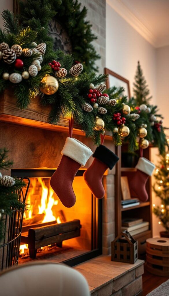 Cozy winter mantel display with garland of evergreen boughs, pinecones, and red berries. Stockings and holiday ornaments hang from the mantel's edge. A crackling fireplace casts a warm glow, illuminating the display. Soft, ambient lighting filters through the room, creating a inviting, festive atmosphere. Wooden mantel frame and shelves add rustic charm. The scene evokes feelings of hygge and wintertime comfort. Captured with a wide-angle lens to showcase the full mantel setup in a cozy, intimate setting.
