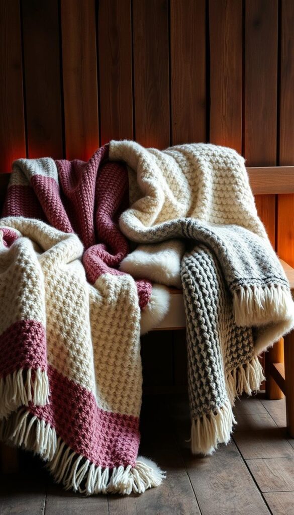 Cozy winter throw blankets draped over a rustic wooden bench, illuminated by warm, soft lighting. The fabrics have a plush, inviting texture, with a mix of knitted patterns and fluffy, faux-fur accents. The blankets are arranged in a visually appealing, layered composition, creating a comforting and inviting atmosphere. The scene evokes a sense of hygge, with the wooden backdrop adding a natural, earthy element. The lighting is gentle, creating a cozy, intimate mood, encouraging the viewer to imagine snuggling up and relaxing on a cold winter day.