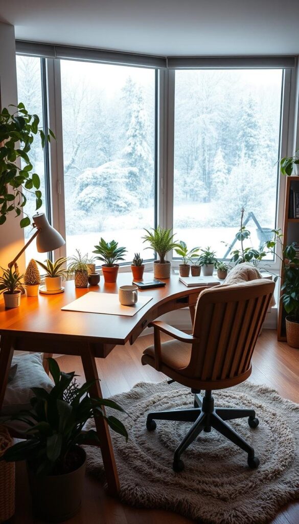 Cozy winter work space with a warm, inviting atmosphere. A spacious, well-lit home office featuring a large wooden desk, comfortable chair, and an array of plants and greenery. Soft, diffused lighting from a large window overlooking a snowy landscape, creating a peaceful, serene ambiance. The desk is adorned with a mug of hot beverage, an elegant desk lamp, and a few carefully placed personal items. A plush area rug and a small bookshelf in the background complete the cozy, productive setting. The overall mood is one of coziness, productivity, and inspiration, perfect for tackling winter projects. Cozy winter work space with a warm, inviting atmosphere. A spacious, well-lit home office featuring a large wooden desk, comfortable chair, and an array of plants and greenery. Soft, diffused lighting from a large window overlooking a snowy landscape, creating a peaceful, serene ambiance. The desk is adorned with a mug of hot beverage, an elegant desk lamp, and a few carefully placed personal items. A plush area rug and a small bookshelf in the background complete the cozy, productive setting. The overall mood is one of coziness, productivity, and inspiration, perfect for tackling winter projects.