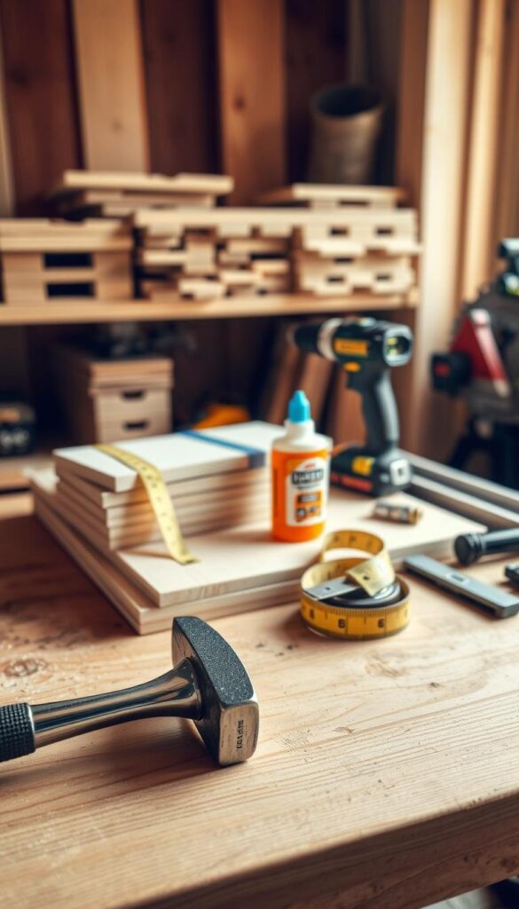 DIY office shelving tools and materials arranged neatly