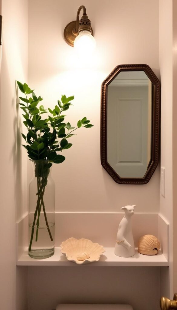 Decorative elements in a small, cozy bathroom: elegant glass vases with lush greenery, delicate ceramic figurines, artfully arranged seashells, and a single statement piece like a vintage-inspired wall sconce casting a warm, ambient glow. The composition is balanced, with negative space allowing the unique decorations to shine. The lighting is soft and diffused, creating a serene, spa-like atmosphere. The overall effect is one of refined elegance and personal style, without feeling cluttered or overwhelming the compact space. Decorative elements in a small, cozy bathroom: elegant glass vases with lush greenery, delicate ceramic figurines, artfully arranged seashells, and a single statement piece like a vintage-inspired wall sconce casting a warm, ambient glow. The composition is balanced, with negative space allowing the unique decorations to shine. The lighting is soft and diffused, creating a serene, spa-like atmosphere. The overall effect is one of refined elegance and personal style, without feeling cluttered or overwhelming the compact space.