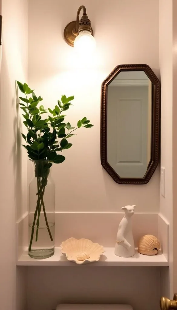 Decorative elements in a small, cozy bathroom: elegant glass vases with lush greenery, delicate ceramic figurines, artfully arranged seashells, and a single statement piece like a vintage-inspired wall sconce casting a warm, ambient glow. The composition is balanced, with negative space allowing the unique decorations to shine. The lighting is soft and diffused, creating a serene, spa-like atmosphere. The overall effect is one of refined elegance and personal style, without feeling cluttered or overwhelming the compact space.