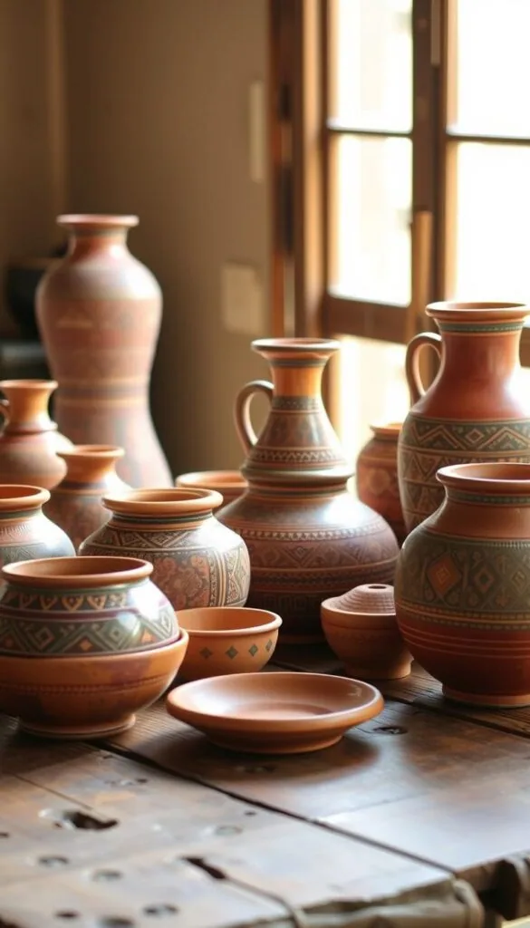 Delicate handcrafted Indian pottery and ceramics arranged on a rustic wooden table, bathed in warm, natural lighting. Intricate patterns and textures adorn the vases, bowls, and jars, each piece unique and showcasing the skilled craftsmanship of local artisans. The subtle hues of terracotta, earthy tones, and accents of vibrant colors create a timeless, harmonious composition. The scene evokes a sense of tradition, authenticity, and the enduring beauty of these cherished home decor pieces. Delicate handcrafted Indian pottery and ceramics arranged on a rustic wooden table, bathed in warm, natural lighting. Intricate patterns and textures adorn the vases, bowls, and jars, each piece unique and showcasing the skilled craftsmanship of local artisans. The subtle hues of terracotta, earthy tones, and accents of vibrant colors create a timeless, harmonious composition. The scene evokes a sense of tradition, authenticity, and the enduring beauty of these cherished home decor pieces.