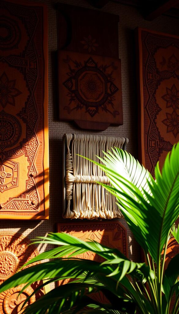 Detailed African wall art with vibrant patterns and textures. Intricate geometric designs in warm earthy tones, featuring bold colors like ochre, sienna, and indigo. Subtle lighting from above casts dramatic shadows, creating depth and dimension. Textured clay tiles or carved wooden panels in the foreground, with woven raffia or macrame in the middle ground. Lush tropical foliage in the background, hinting at the rich natural environment. An inspiring, handcrafted aesthetic that evokes the spirit of traditional African artistic expression. Detailed African wall art with vibrant patterns and textures. Intricate geometric designs in warm earthy tones, featuring bold colors like ochre, sienna, and indigo. Subtle lighting from above casts dramatic shadows, creating depth and dimension. Textured clay tiles or carved wooden panels in the foreground, with woven raffia or macrame in the middle ground. Lush tropical foliage in the background, hinting at the rich natural environment. An inspiring, handcrafted aesthetic that evokes the spirit of traditional African artistic expression.