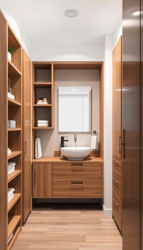 Detailed bathroom storage solutions in a bright, well-lit interior. Wooden shelves, built-in cabinets, and floating vanity with drawers occupy the foreground, showcasing various storage options. The middle ground features a sleek, minimalist sink and mirror, complemented by a towel rack and other functional accessories. The background reveals a soothing, neutral-toned tiled wall, creating a calming and cohesive atmosphere. Soft, diffused lighting from overhead fixtures accentuates the clean, organized layout, highlighting the practical yet aesthetically pleasing design of the small bathroom space.