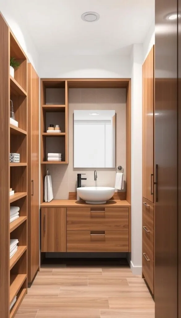 Detailed bathroom storage solutions in a bright, well-lit interior. Wooden shelves, built-in cabinets, and floating vanity with drawers occupy the foreground, showcasing various storage options. The middle ground features a sleek, minimalist sink and mirror, complemented by a towel rack and other functional accessories. The background reveals a soothing, neutral-toned tiled wall, creating a calming and cohesive atmosphere. Soft, diffused lighting from overhead fixtures accentuates the clean, organized layout, highlighting the practical yet aesthetically pleasing design of the small bathroom space. Detailed bathroom storage solutions in a bright, well-lit interior. Wooden shelves, built-in cabinets, and floating vanity with drawers occupy the foreground, showcasing various storage options. The middle ground features a sleek, minimalist sink and mirror, complemented by a towel rack and other functional accessories. The background reveals a soothing, neutral-toned tiled wall, creating a calming and cohesive atmosphere. Soft, diffused lighting from overhead fixtures accentuates the clean, organized layout, highlighting the practical yet aesthetically pleasing design of the small bathroom space.