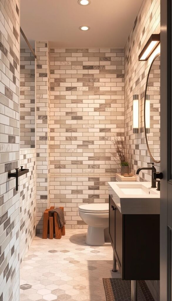 Detailed image of a small, well-lit bathroom interior with a focus on the tile design. Soft, warm lighting illuminates a mix of light and dark tile patterns covering the walls and floor, creating a cozy and inviting atmosphere. The tile layout showcases a variety of shapes and textures, such as subway tiles, hexagonal tiles, and natural stone accents, strategically arranged to make the space feel larger. A minimalist vanity, clean-lined fixtures, and decorative plants or artwork complete the serene, spa-like ambiance.