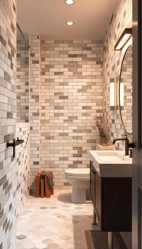 Detailed image of a small, well-lit bathroom interior with a focus on the tile design. Soft, warm lighting illuminates a mix of light and dark tile patterns covering the walls and floor, creating a cozy and inviting atmosphere. The tile layout showcases a variety of shapes and textures, such as subway tiles, hexagonal tiles, and natural stone accents, strategically arranged to make the space feel larger. A minimalist vanity, clean-lined fixtures, and decorative plants or artwork complete the serene, spa-like ambiance.
