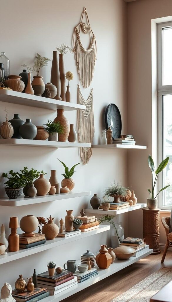 Eclectic home decor on stylish display shelves Eclectic home decor on stylish display shelves
