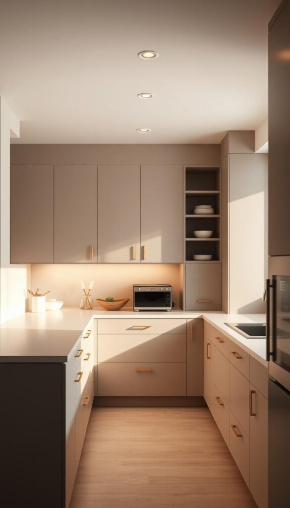 Efficient kitchen storage with minimalist cabinets