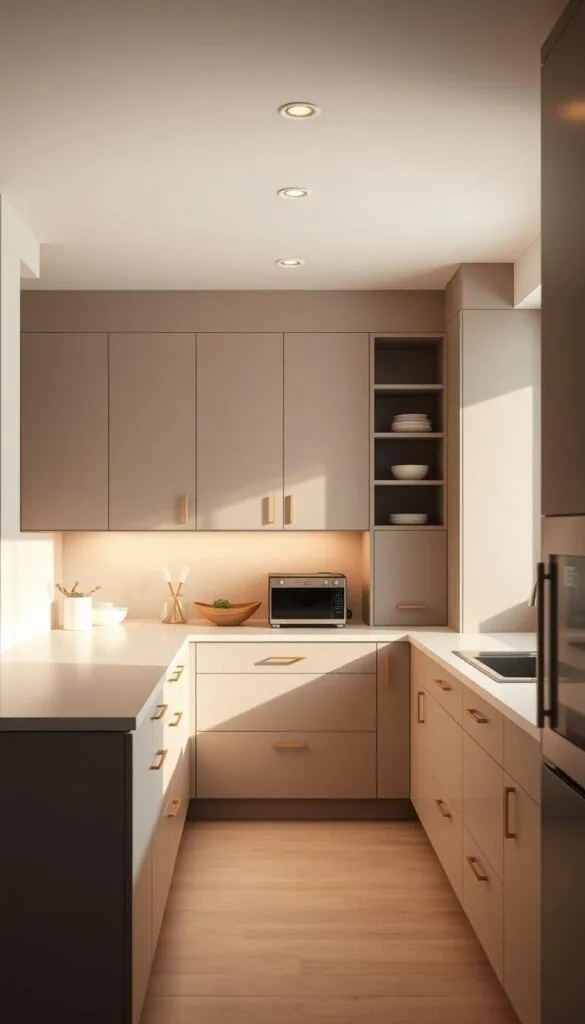 Efficient kitchen storage with minimalist cabinets