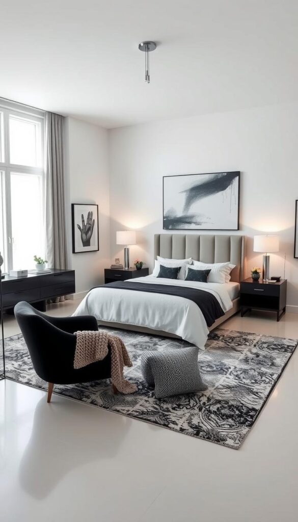 Elegant and serene contemporary bedroom design with a sophisticated black and white color palette. A spacious, well-lit room with large windows, allowing natural light to flood the space. A plush king-sized bed with crisp white bedding and subtle black accents, complemented by sleek modern nightstands. A cozy seating area near the window, featuring a comfortable black armchair and a minimalist black-and-white area rug. The walls are adorned with abstract black-and-white artwork, creating a gallery-like atmosphere. Subtle textures, such as a chunky knit throw and a textured wallpaper, add depth and visual interest. Indirect lighting from floor lamps and a sophisticated ceiling fixture cast a warm, inviting glow throughout the room.