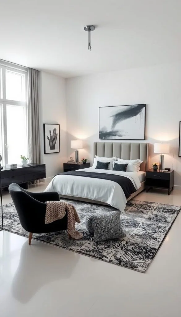 Elegant and serene contemporary bedroom design with a sophisticated black and white color palette. A spacious, well-lit room with large windows, allowing natural light to flood the space. A plush king-sized bed with crisp white bedding and subtle black accents, complemented by sleek modern nightstands. A cozy seating area near the window, featuring a comfortable black armchair and a minimalist black-and-white area rug. The walls are adorned with abstract black-and-white artwork, creating a gallery-like atmosphere. Subtle textures, such as a chunky knit throw and a textured wallpaper, add depth and visual interest. Indirect lighting from floor lamps and a sophisticated ceiling fixture cast a warm, inviting glow throughout the room.