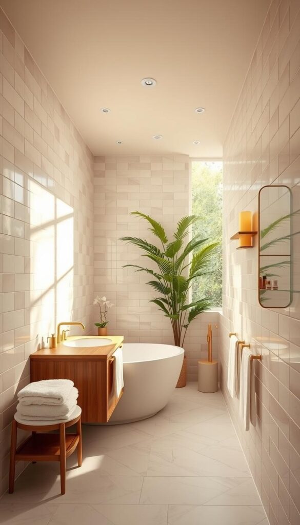 Elegant bathroom interior with luxurious color scheme. Soft pastel tiles covering the walls, accented by warm wood vanity and gold fixtures. Natural light filters through large windows, casting a serene glow. Plush towels and plants add organic touches. Minimalist design with clean lines and a calming, spa-like ambiance. High-quality camera captures the scene in crisp detail, showcasing the harmonious blend of colors, textures, and materials that create a visually striking and inviting bathroom space.