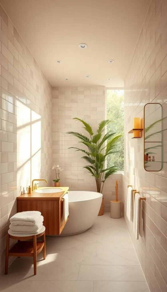 Elegant bathroom interior with luxurious color scheme. Soft pastel tiles covering the walls, accented by warm wood vanity and gold fixtures. Natural light filters through large windows, casting a serene glow. Plush towels and plants add organic touches. Minimalist design with clean lines and a calming, spa-like ambiance. High-quality camera captures the scene in crisp detail, showcasing the harmonious blend of colors, textures, and materials that create a visually striking and inviting bathroom space.