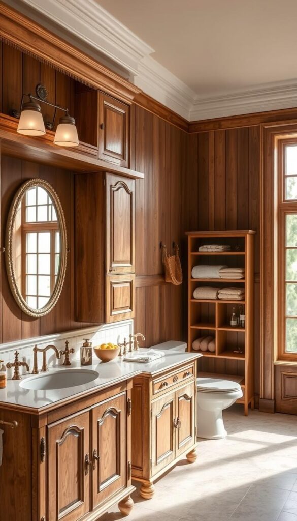 Elegant bathroom storage solutions, with a rustic-chic aesthetic. Wooden shelves and cabinets line the walls, accented by copper fixtures and soft lighting. In the foreground, a vintage-inspired vanity with ornate mirrors and a mix of glass jars and woven baskets. The middle ground features a freestanding storage unit with decorative cubbies and hooks, perfect for towels and toiletries. The background showcases a large window, allowing natural light to flood the space and highlight the warm, earthy tones. An inviting, well-organized bathroom that seamlessly blends form and function.