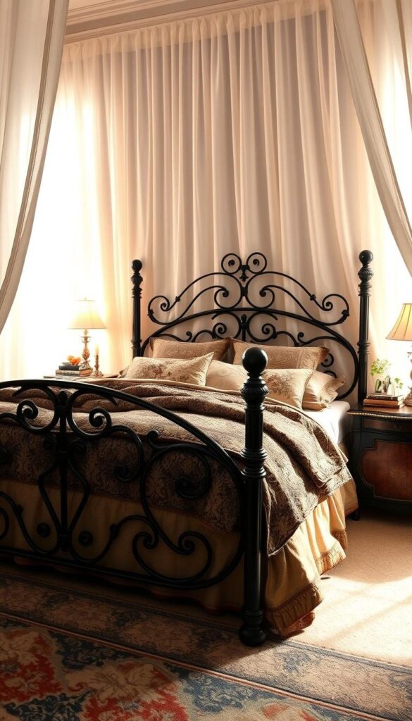 Elegant black metal bed frame with intricate scrollwork, adorned with layers of plush textiles and patterns. Sheer curtains frame the scene, diffusing warm ambient lighting that casts soft shadows across the bed. Vintage-inspired nightstands with richly textured surfaces flank the bed, adorned with candles, books, and a touch of greenery. The overall atmosphere is one of cozy sophistication, inviting the viewer to imagine sinking into the inviting bedscape.