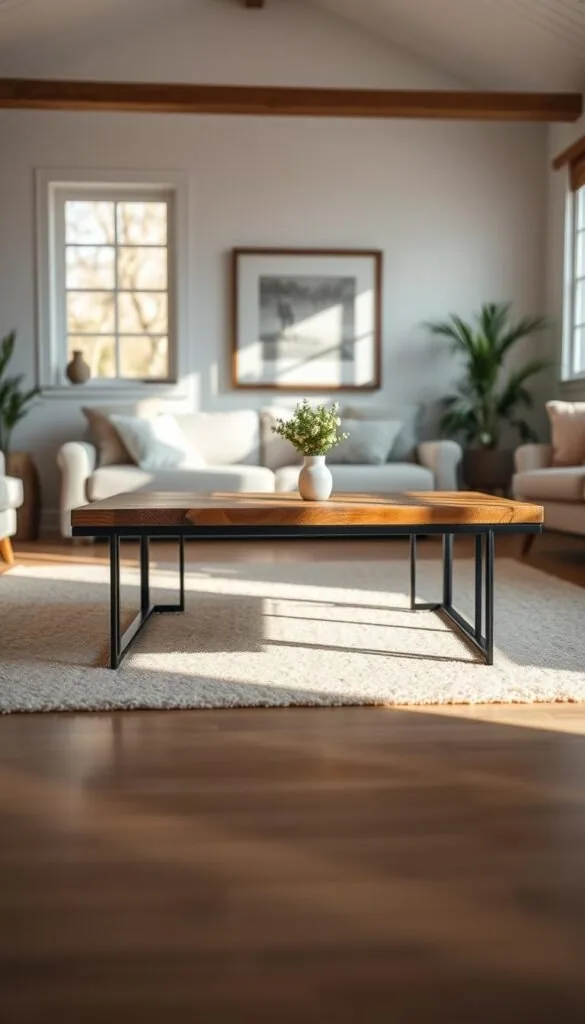 Elegant modern cottage coffee table with a rustic wooden top, metal frame, and minimalist design. Bathed in warm, soft lighting, casting a cozy glow in the foreground. The table is situated in a bright, airy living room with white walls, natural wood accents, and plush textiles. Soft shadows and highlights emphasize the table's clean lines and blend seamlessly with the inviting, relaxed atmosphere of the space.