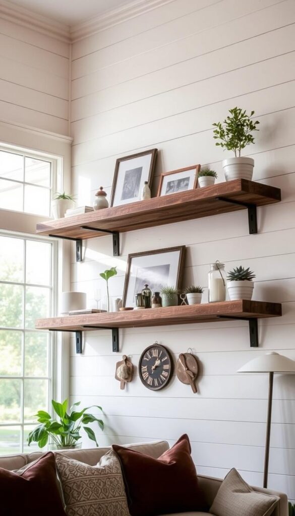 Floating rustic farmhouse shelves, meticulously crafted from reclaimed wood, suspended against a backdrop of shiplap walls. Soft, natural lighting filters through large windows, casting a warm glow upon the assorted knickknacks, potted plants, and vintage decor adorning the shelves. The shelves appear to seamlessly integrate into the living space, creating a harmonious blend of function and farmhouse charm. The overall scene exudes a sense of cozy, inviting ambiance, perfectly complementing the modern farmhouse aesthetic of the living room.