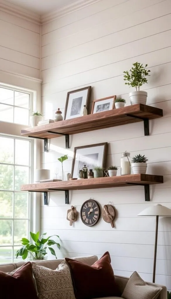 Floating rustic farmhouse shelves, meticulously crafted from reclaimed wood, suspended against a backdrop of shiplap walls. Soft, natural lighting filters through large windows, casting a warm glow upon the assorted knickknacks, potted plants, and vintage decor adorning the shelves. The shelves appear to seamlessly integrate into the living space, creating a harmonious blend of function and farmhouse charm. The overall scene exudes a sense of cozy, inviting ambiance, perfectly complementing the modern farmhouse aesthetic of the living room. Floating rustic farmhouse shelves, meticulously crafted from reclaimed wood, suspended against a backdrop of shiplap walls. Soft, natural lighting filters through large windows, casting a warm glow upon the assorted knickknacks, potted plants, and vintage decor adorning the shelves. The shelves appear to seamlessly integrate into the living space, creating a harmonious blend of function and farmhouse charm. The overall scene exudes a sense of cozy, inviting ambiance, perfectly complementing the modern farmhouse aesthetic of the living room.