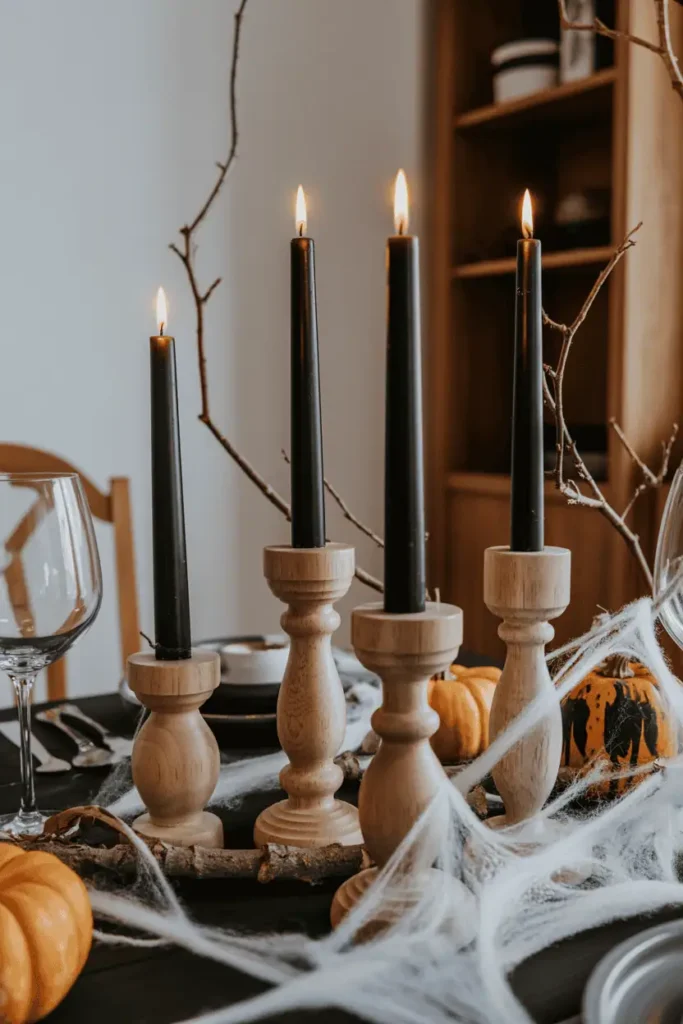 Rustic wooden candlesticks with tall black candles glowing on a spooky Halloween dining table.